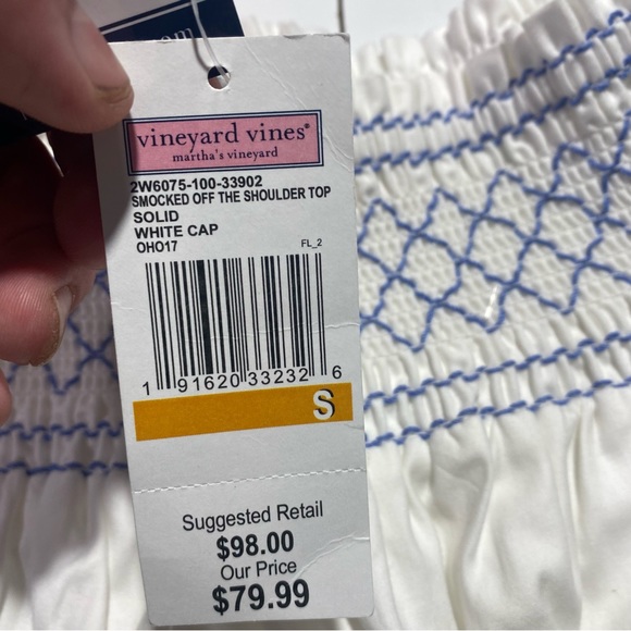 Vineyard Vines Smocked Off The Shoulder Blue Embroidered Neck Cuff Top NWT S - Picture 11 of 16